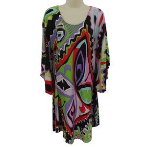 Cache Women Medium Groovy Disco Swirl Multicolor Retro Scoop Neck All Silk Dress